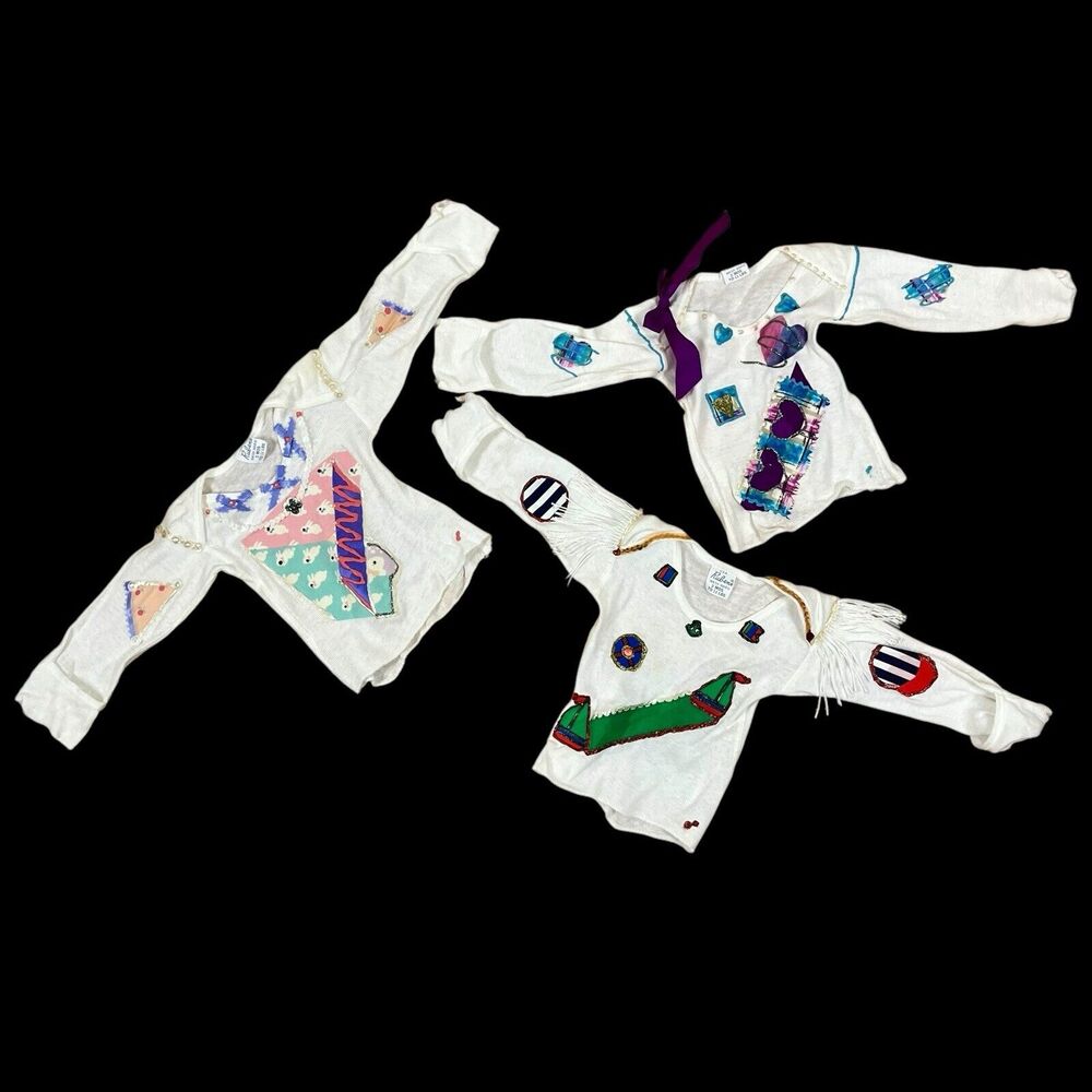3 Vtg 80s Baby Shirts 3 Month Hand Puff Paint Embellish Bunny Boat Novelty OOAK